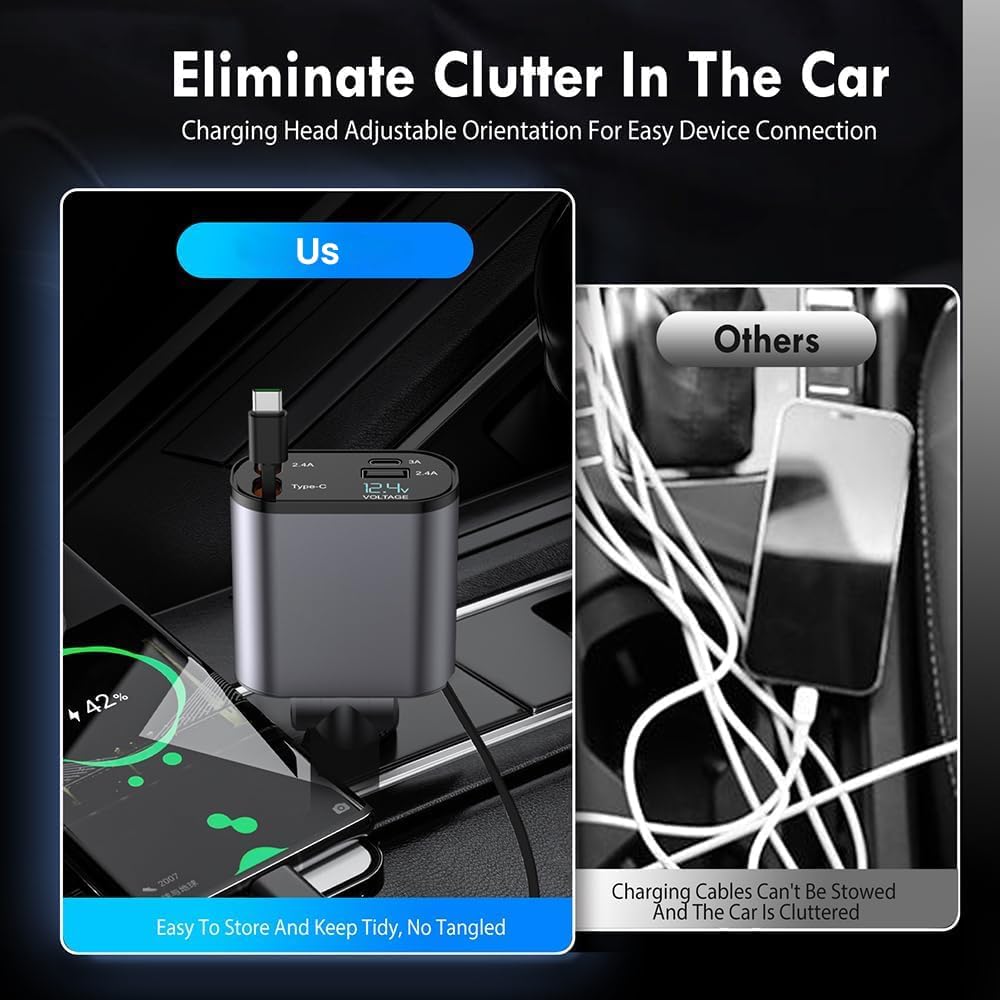 EtuKwaRuu™ 120W Fast Car Charger (2025 Edition) – 4-in-1 Retractable Charging Hub with Type-C & Lightning Cables | Ultra-Fast Multi-Device Car Charger