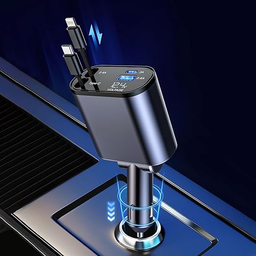 EtuKwaRuu™ 120W Fast Car Charger (2025 Edition) – 4-in-1 Retractable Charging Hub with Type-C & Lightning Cables | Ultra-Fast Multi-Device Car Charger