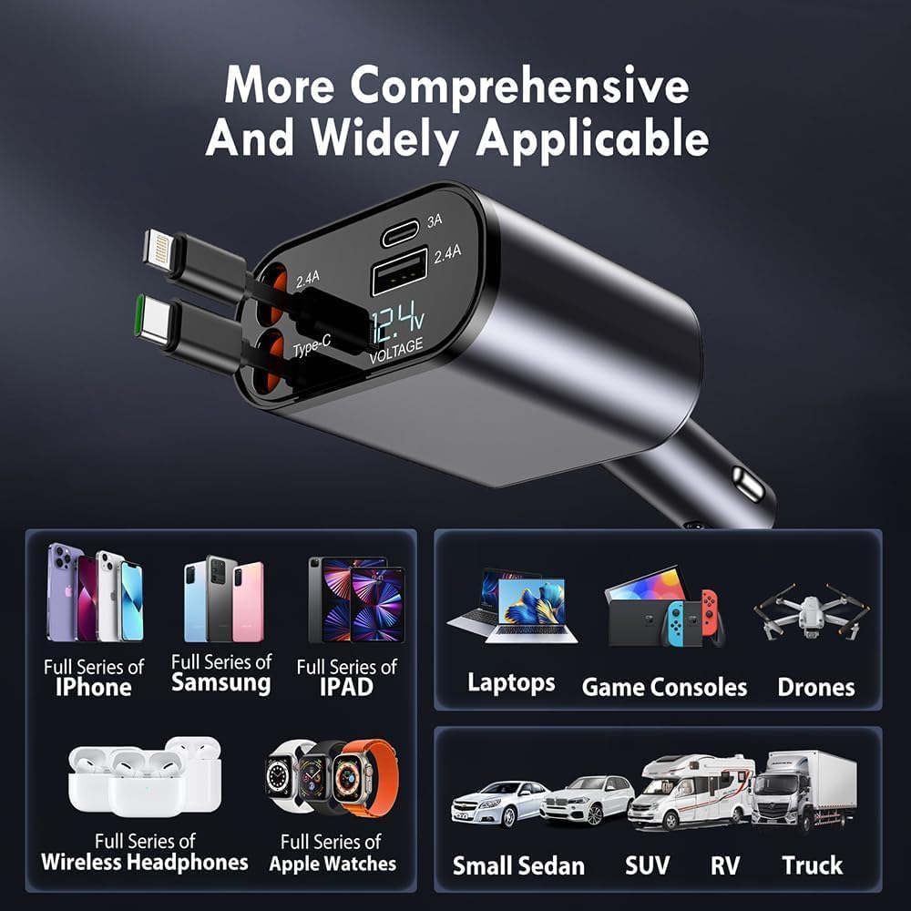 EtuKwaRuu™ 120W Fast Car Charger (2025 Edition) – 4-in-1 Retractable Charging Hub with Type-C & Lightning Cables | Ultra-Fast Multi-Device Car Charger