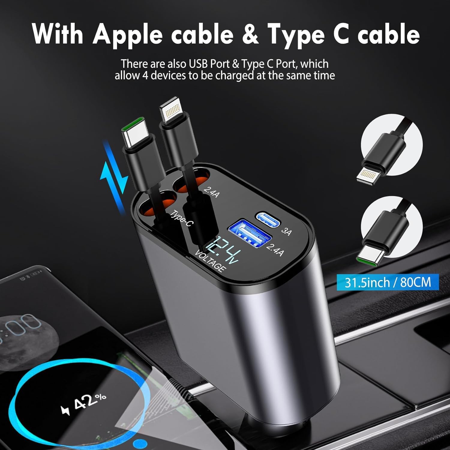 EtuKwaRuu™ 120W Fast Car Charger (2025 Edition) – 4-in-1 Retractable Charging Hub with Type-C & Lightning Cables | Ultra-Fast Multi-Device Car Charger