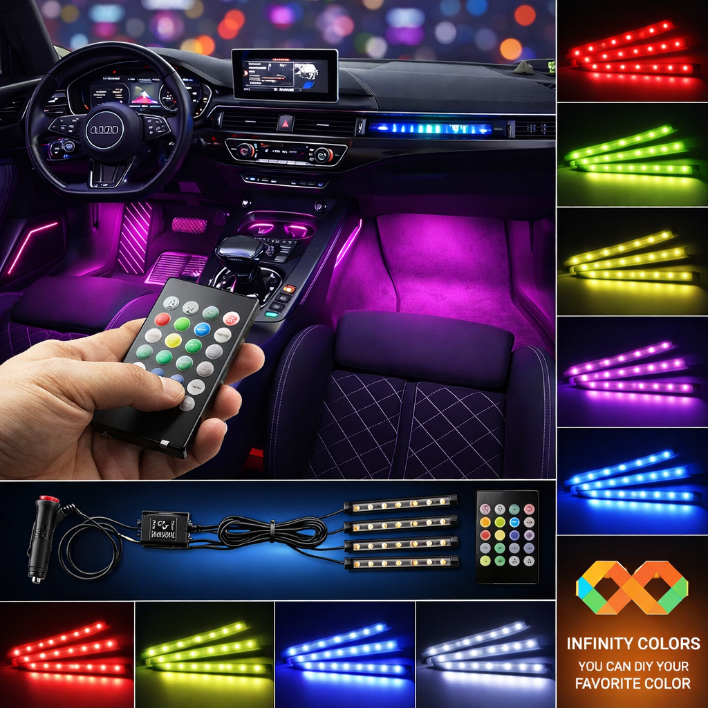 ETU-KWA-RUU™ RGB Car Interior LED Strip Lights – 4 Strip Ambient Kit with Music Sync & Remote (12V Universal Fit)