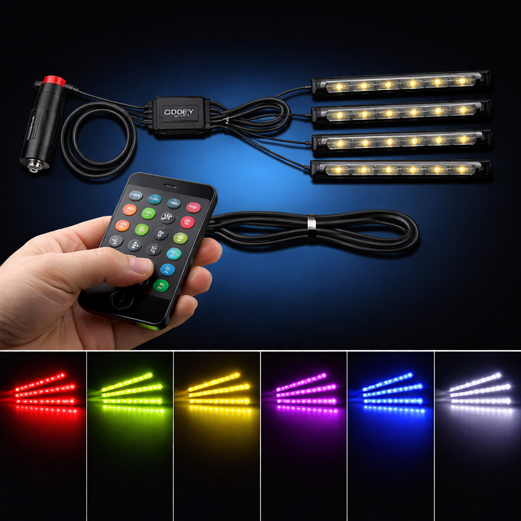 ETU-KWA-RUU™ RGB Car Interior LED Strip Lights – 4 Strip Ambient Kit with Music Sync & Remote (12V Universal Fit)